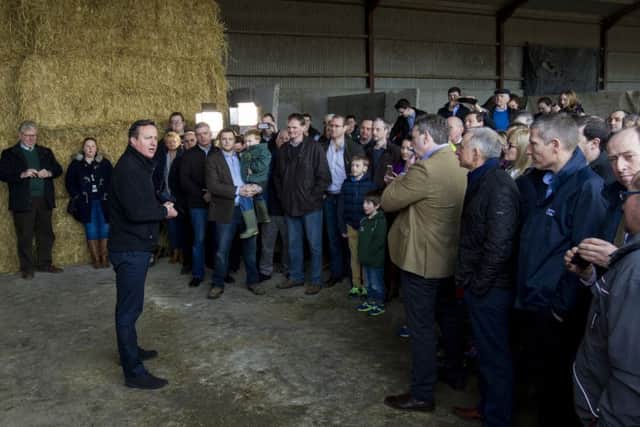 Prime Minster David Cameron addresses local farmers near Ahoghill, Co. Antrim at Ballybollan House, as he continues a tour of the UK setting out the case for staying in the European Union. Photo: Liam McBurney/PA Wire
