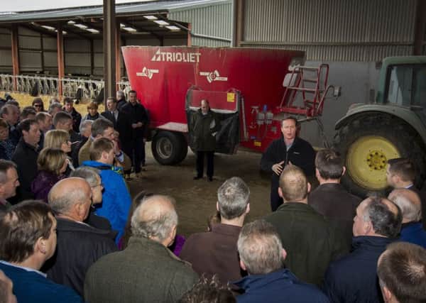 Prime Minster David Cameron addresses local farmers near Ahoghill, Co. Antrim at Ballybollan House, as he continues a tour of the UK setting out the case for staying in the European Union. Photo: Liam McBurney/PA Wire