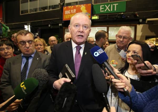 Sinn Fein's Martin McGuinness speaks to members of the media as he arrives at the election count centre at the RDS in Dublin, Ireland, as the general election 2016 count gets underway. Photo: Brian Lawless/PA Wire
