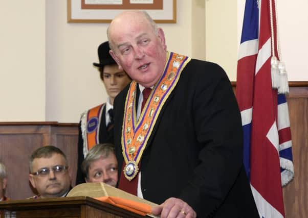 Edward Stevenson, Grand Master of the Grand Orange Lodge of Ireland, speaks at the unveiling of the memorial tablet