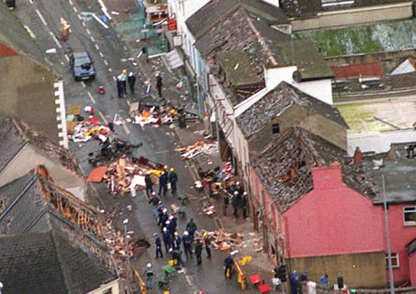 MoD handout file photo dated 16/08/98 of an aerial view of the devastation caused in Omagh after a terrorist bomb was detonated at the junction of Market Street and Dublin Road