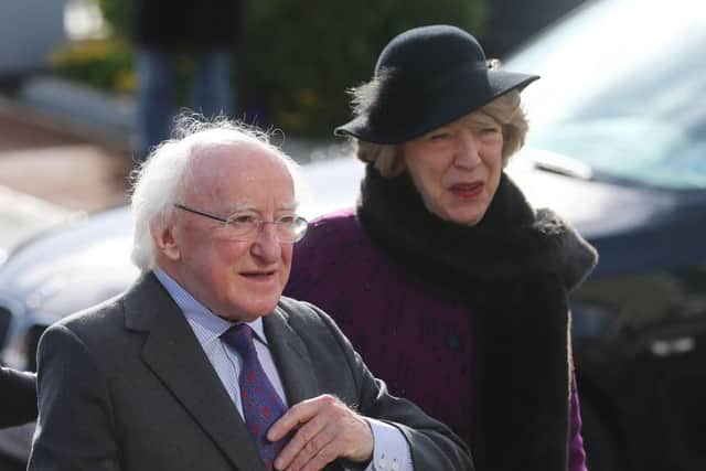President Michael D Higgins and his wife Sabina at the funeral of late actor Frank Kelly, best known for his role as Father Jack in the hit comedy television series Father Ted, at the Church of the Guardian Angels, Blackrock, Dublin