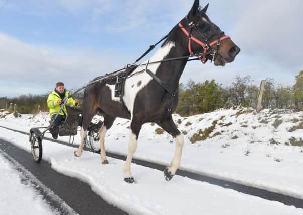 A Man on his Horse and Kart  threw the Snowy conditions near the Dundrod Road  on Wednesday after Snow Falls across parts of North Ireland.
Photo Colm Lenaghan/Pacemaker Press