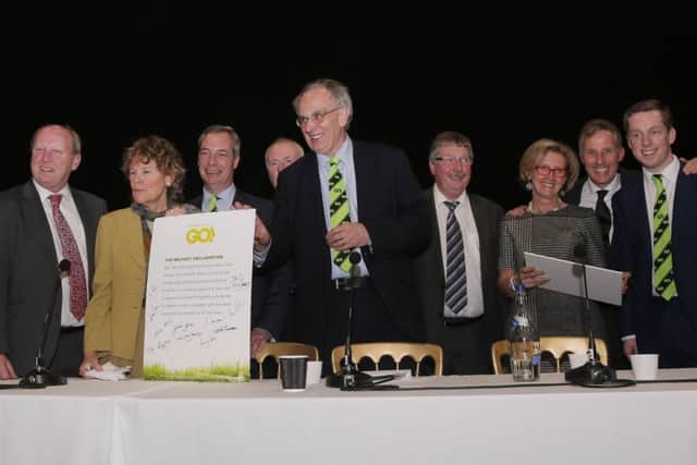 Speakers at the Grassroots Out rally from left Jim Allister MLA, Ukip leader Nigel Farage, Kate Hoey MP, David McNarry MLA, Tory MP Peter Bone, Sammy Wilson MP, businesswoman Pam Watts, Ian Paisley MP, Tory MP Tom Pursglove (Photo by Kevin Scott / Presseye)
