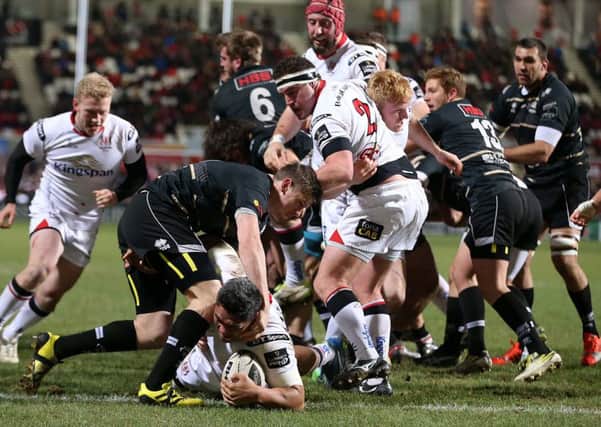 Ulster Nick Williams scortes the opening try against  Zebre