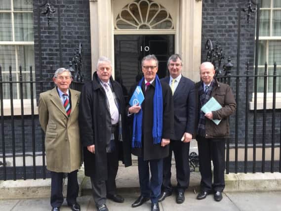 Photo attached  Ulster Unionist delegation pictured outside Number 10, Downing Street before their meeting with the Prime Minister, David Cameron MP.
 
L-R Lord Rogan; Jim Nicholson MEP; Party Leader, Mike Nesbitt MLA; Tom Elliott MP; Lord Empey