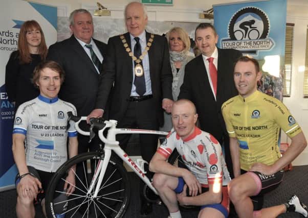 Pictured at the Tour of the North Launch are (Back Row L-R) Sharon Mahaffy (Manager Ards and North Down Tourism), Maurice McAllister (Chairman Cycling Ulster), Alan Graham (Mayor Ards and North Down Borough Council), Joan McCullough (Race Director, Tour of the North), Cathal Arthurs (Proprietor Portaferry Hotel).
Front L-R: Chris McGlinchey, Glenn Kinning and David Watson