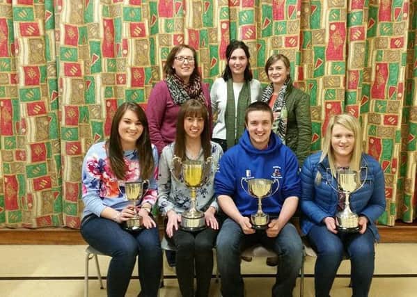 Top office bearers: Winners of top office bearers secretary Katie Love, club leader Clare Buchanan, treasurer Matthew Gault and PRO Laura Fulton with judges Carly Agnew and Cathy Knowles with county chair Hilary Cameron