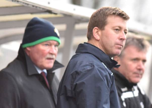 Pat McGibbon (centre) joined the Portadown backroom team this season as physio. Portadown manager Ronnie McFall (left) and his assistant, Kieran Harding (right), resigned on Saturday following defeat to Lurgan Celtic. Pic by PressEye Ltd.INPT10-100

PTFOOTBALLPFC15