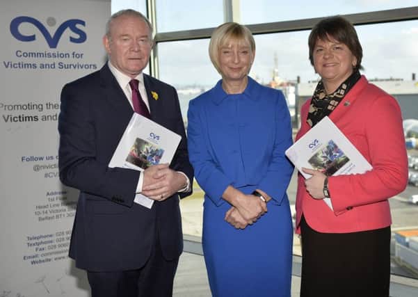 Deputy First Minister Martin McGuinness, Victims Commissioner Judith Thompson and First Minister Arlene Foster at Wednesdays conference