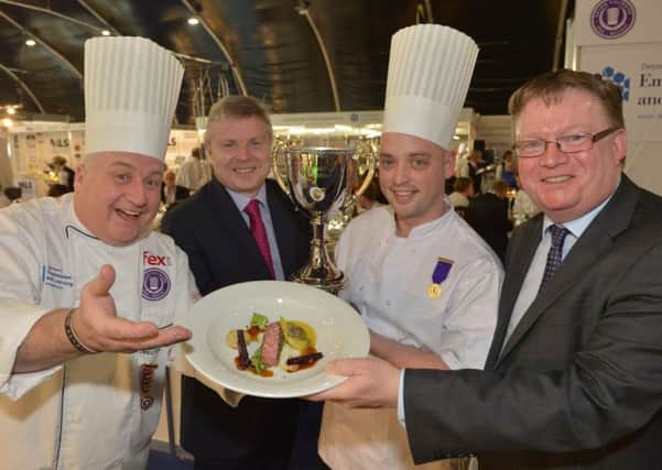 Pictured presenting James Richardson with his award is (left to right: Sean Owens, Director of the Salon Culinaire at IFEX; Permanent Secretary for the Department of Agriculture and Rural Development, Noel Lavery; DARD NI Chef of the Year, James Richardson from Weavers Lodge and Toby Wand, Event Director, IFEX