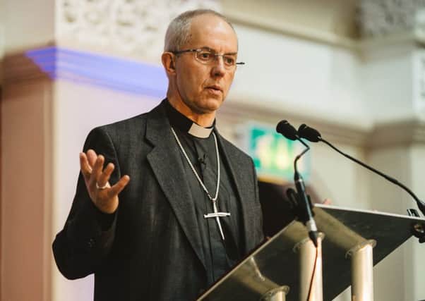 The Archbishop of Canterbury the Most Revd and Rt Hon Justin Welby speaks at a recent event at the Elmwood Hall at Queen's University Belfast. By Peter Huey