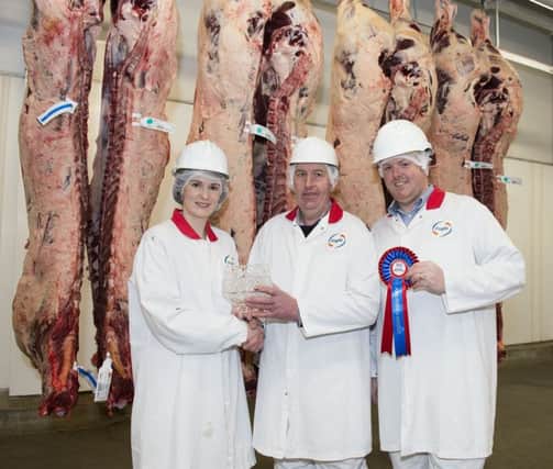Winner of the Foyle Food Group Aberdeen Angus Carcase competition was Hugh Keys. Hugh is pictured receiving his award from Emma Russell, Efficiency Manager, and Procurement Manager Robert King, Foyle Food Group.