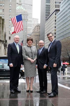 First and Deputy First Ministers  Arlene Foster and Martin McGuinness pictured with Shaun Kelly, centre, global COO for KPMG International at their offices in Park Avenue with Invest NI CEO Alastair Hamilton