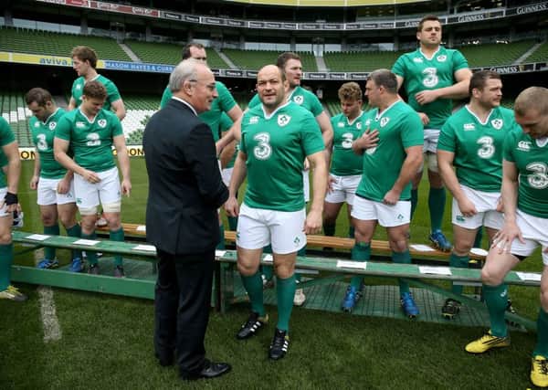 Captain Rory Best pictured with his Ireland team-mates and IRFU president Martin OSullivan