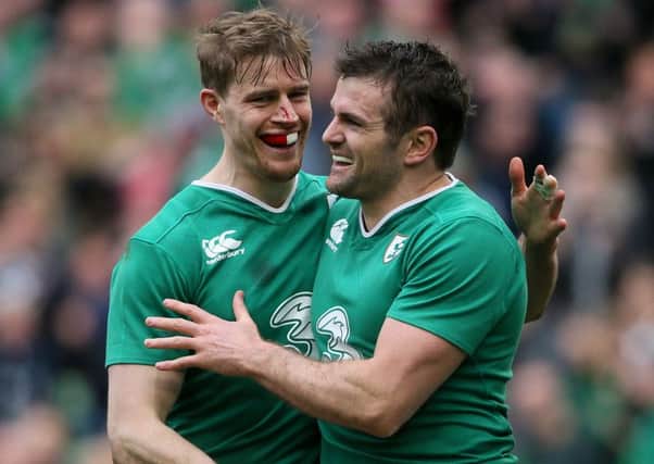 Ireland's Jared Payne (right) celebrates scoring his side's fifth try with Andrew Trimble