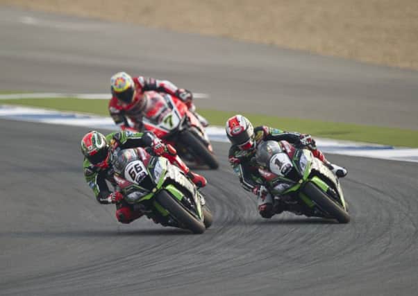 Tom Sykes leads Jonathan Rea and Chaz Davies in the second World Superbike race in Thailand on Sunday.