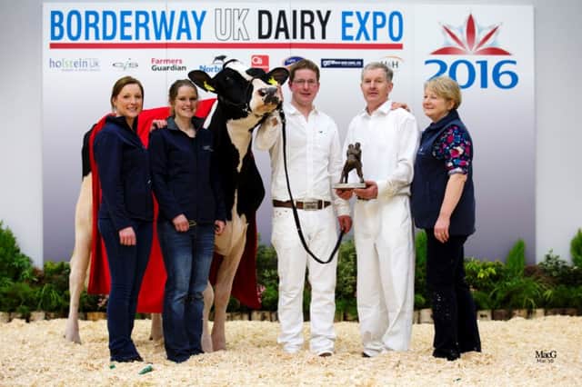 2016 Borderway UK Dairy Expo Champion of Champions Illens Atwood Australia. Left to right are: Izzy Wright, Ann Laird, Colin laird, Alister Laird and Cathleen Laird