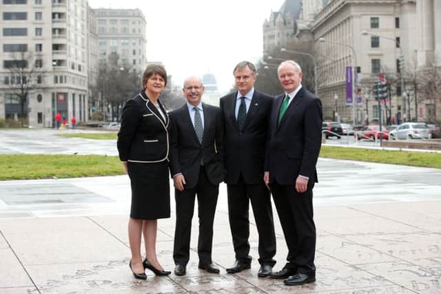 First and Deputy First Ministers Arlene Foster and Martin McGuinness pictured with  Shaun Kelly, centre left, global chief operating officer of KPMG International and John Hartnett founding CEO of SVG Partners LLC