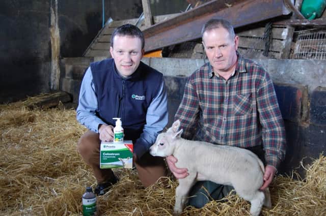 Colin Barnes (right) and Provita's Tommy Armstrong with Provita Colostrum and the company's 2 new sheep products: Jump Start and Ewe Two