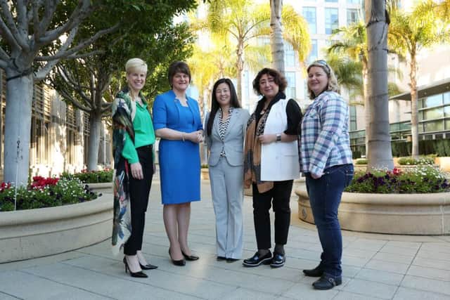 As part of her US visit Mrs Foster met some senior female executives working in global businesses, from left, Sharyl Givens of Proofpoint, Aeri Park of Almac, Dr Suzanne Saffie-Seebert, Sisal and Dr Rachel Gawley, AppAttic