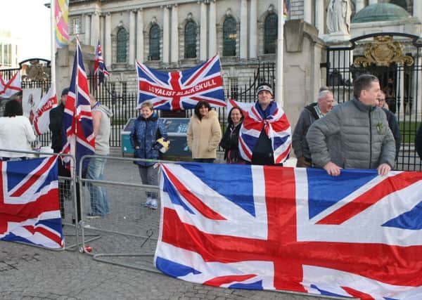 Loyalist flag protesters outside Belfast City Hall.