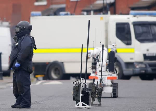 Picture - Kevin Scott / Presseye

Belfast , UK - March 19, Pictured is police and ATO at the scene of an explosion in the Sheridan Street area of North Belfast on March 19, 2016  Belfast, Northern Ireland ( Photo by Kevin Scott / Presseye )
