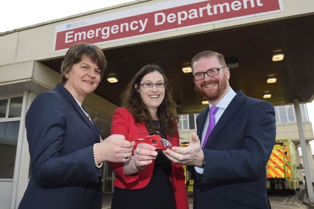 First Minister, Arlene Foster and Health Minister, Simon Hamilton are pictured with Dr Janet Acheson - the partner of the late Dr John Hinds