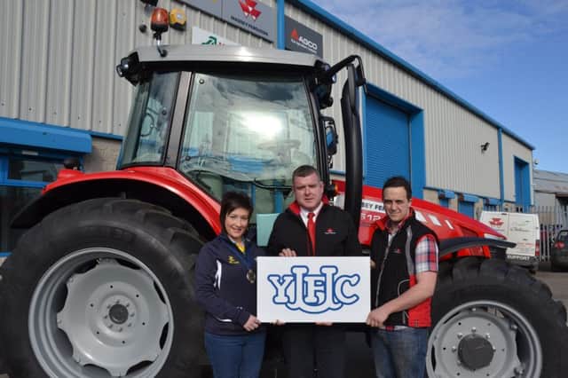 Pictured at Alan Milne Tractors, Massey Ferguson Dealership in Caryduff, Co Down, are YFCU president Roberta Simmons, Stuart Williamson, Mountnorris YFC and Massey Ferguson sales advisor and Sean McAvoy, Massey Ferguson Field Support Specialist, to announce Massey Fergusons Sponsorship of the YFCU AGM and conference