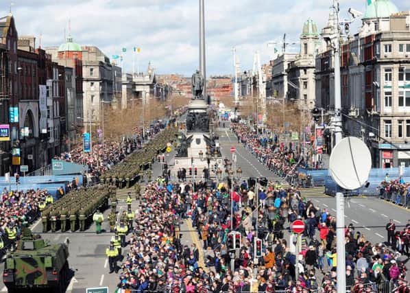 Irish Republic marching elements comprised of personnel drawn from Army, Air Corps, Naval Service, reserve Defence Forces, Defence Forces Veterans, and selected Emergency Services as they  march along O'Connell Street, as part of the 1916 Easter Rising centenary commemorations in Dublin. Photo: Defence Forces/PA Wire