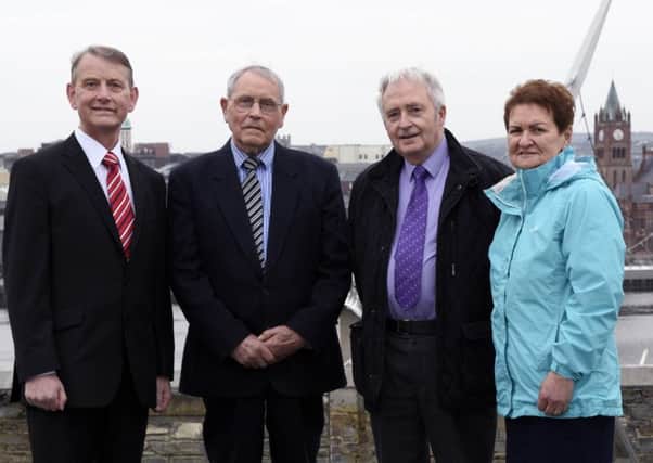 Maurice Devenney (left) with former councillors and DUP party members John Henry, John Donnell and Annette Hamilton, who will be supporting his 
Assembly election campaign