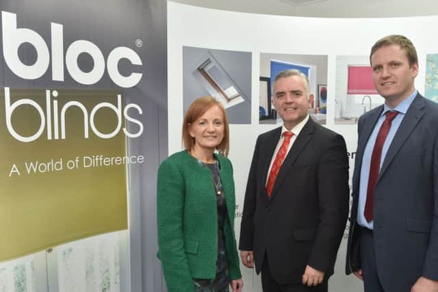 Announcing the investment at Bloc Blinds in Magherafelt are, from left, Edel McCooe, Regional Director First Trust Bank, Enterprise Minister Jonathan Bell and Cormac Diamond, Managing Director Bloc Blinds.Photo by Simon Graham/Harrison Photography
