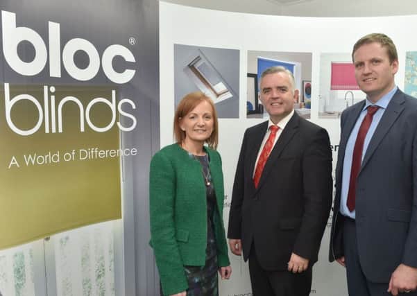 Announcing the investment at Bloc Blinds in Magherafelt are, from left, Edel McCooe, Regional Director First Trust Bank, Enterprise Minister Jonathan Bell and Cormac Diamond, Managing Director Bloc Blinds.
Photo by Simon Graham/Harrison Photography