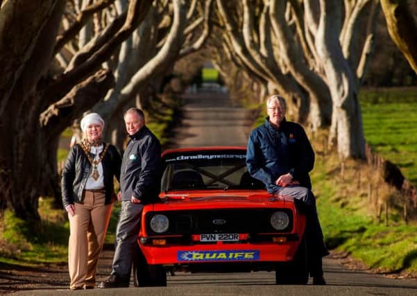Causeway Coast and Glens Mayor, Cllr Michelle Knight-McQuillan (left) and Circuit of Ireland Event Director Bobby Willis (centre) were joined by Portrush co-driver Crawford Henderson (right) at the Dark Hedges to launch the Circuit in the Causeway Coast and Glens region.  Crews from all over the world will stop at the Dark Hedges for a Ã¢Â¬Ãœpassage controlÃ¢Â¬" whilst Bushmills Distillery will be the venue for a rally regroup.