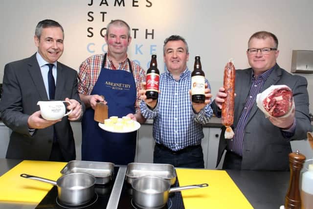 Will Abernethey from Abernethy Butter (left), Lindsay Skinner from Punjana, Jason Hamilton from Carnbrooke Meats and Bernard Sloan from Whitewater Brewery
