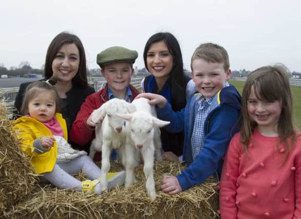 Gemma Jordan, Relationship Manager, Ulster Bank (Left) and Nichola Henry, Ulster Bank are joined by junior Agri enthusiasts, Pippa McBride; Sam Geary age 9; Andrew Coleman age 8 and Eva Ringland age 6. The children were delighted to meet 1-day old kids from Churchview Farm in Katesbridge at the official launch of the 2016 Balmoral Show in partnership with Ulster Bank.