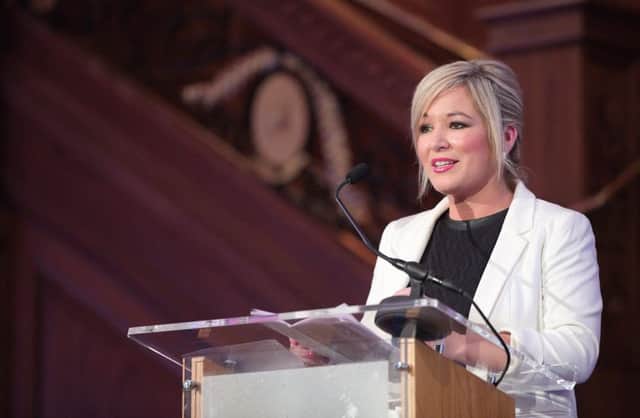 Agriculture Minister Michelle O'Neill adresses guests at the gala dinner of the North American-European Union Agricultural Policy Congress 2015 at the Titanic building in Belfast.  Picture: Cliff Donaldson