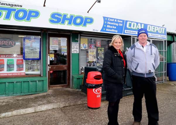 Rivers Minister Michelle O'Neill is pictured with Clady business owner Ciaran McGlinchey following a meeting with residents and business owners in the Co.Tyrone village to discuss the impact of recent flooding. Photo Diarmuid McLaughlin