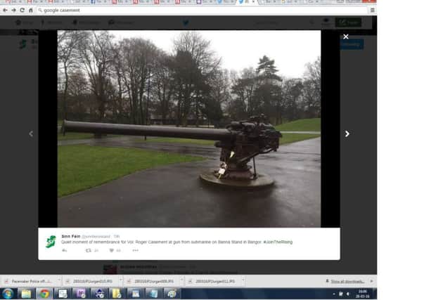 Picture taken from Sinn Fein Ireland's Twitter account, published March 25 2016, showing an Easter lily at a war memorial in Ward Park, Bangor