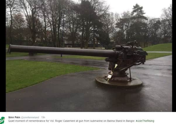 A screenshot of the Twitter account of Sinn Fein, showing the Easter lily at the captured German gun in Bangors Ward Park