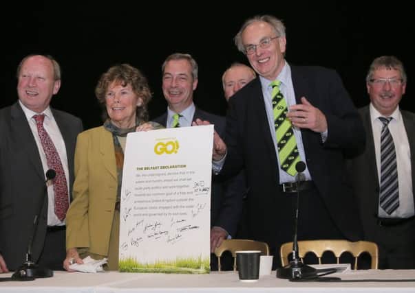 Sammy Wilson, far right, at the Grassroots Out rally in Belfast ealier this month with Jim Allister, Kate Hoey, Nigel Farage, David McNarry and Peter Bone (Photo by Kevin Scott / Presseye)