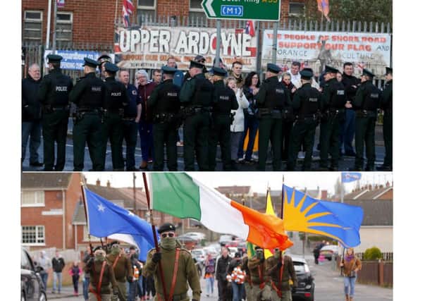 Policing of Twaddell as a loyalist march passes on March 28, top, and an illegal republican illegal parade in Lurgan on March 26, below (Pics Presseye)
