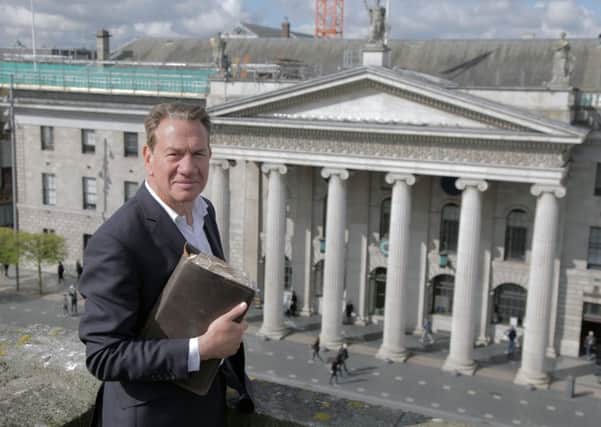 Michael Portillo, outside the GPO in Dublin, site of the 1916 Easter Rising, for the documentary that he has made about the rebellion. Photo Midas Productions