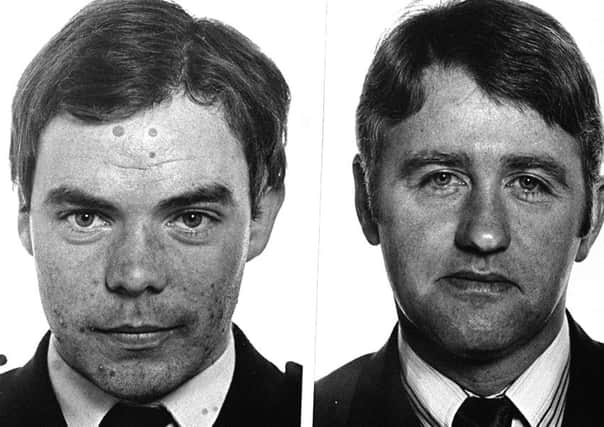 PACEMAKER BELFAST                AUGUST 1987   COLLECT

D/CONSTABLE MICHAEL PHILIP MALONE (LEFT) AND D/CONSTABLE ERNEST STANLEY CARSON WHO WERE SHOT DEAD IN THE LIVERPOOL BAR IN BELFAST.

933/87/BW