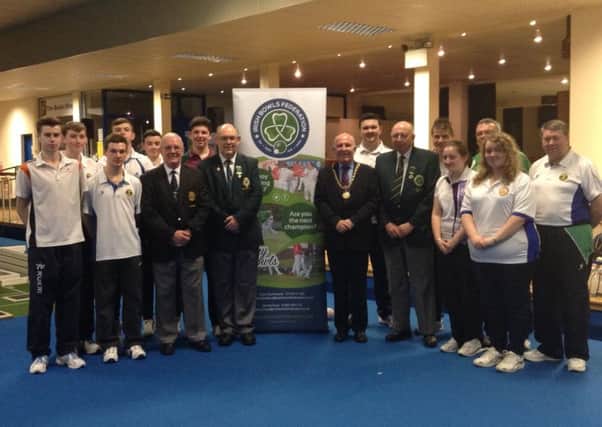 High Sheriff of Belfast, Alderman Jim Rodgers, IBA President Stephen Moran, AIIB President Nixon Armstrong, IBF Secretary Colin Campbell, IBF Development Officer Chris Mulholland and Belfast Indoor Bowls Club Chairmen Ronnie McKitterick are joined by some of the participants from the Regional Development squad