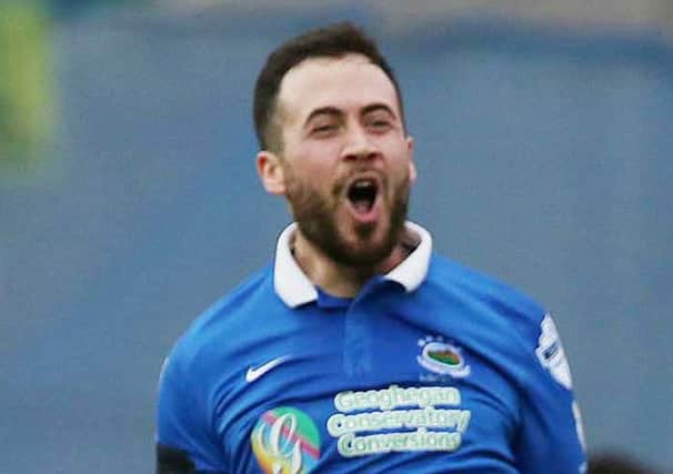 @Press Eye Ltd Northern Ireland- 12th March    2016
Mandatory Credit -Brian Little/Presseye

Linfield  Ross  Gaynor  celebrates scoring his second goal in a 3-0 victory against   Glentoran     during Saturday's Danske Bank Premiership  match at Windsor Park.
Picture by Brian Little/Presseye