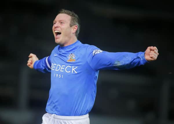 Glenavon's Kevin Braniff scores his third goal against Crusaders
