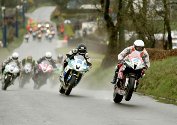 Malachi Mitchell-Thomas (Burrows Engineering Honda) leads the pack over Fenton's Jump on his way to winning the Supersport race at the Mid Antrim 150 on Friday.