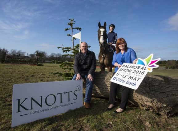 Andrew Getty, Knotts Bakery along with Jenny McNeill, RUAS getting ready for the Knotts Young Event Horse Championship at the 2016 Balmoral Show.