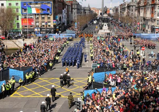Sundays parade on OConnell Street in Dublin. Scores of thousands of people and hundreds of dignitaries but no unionists were present